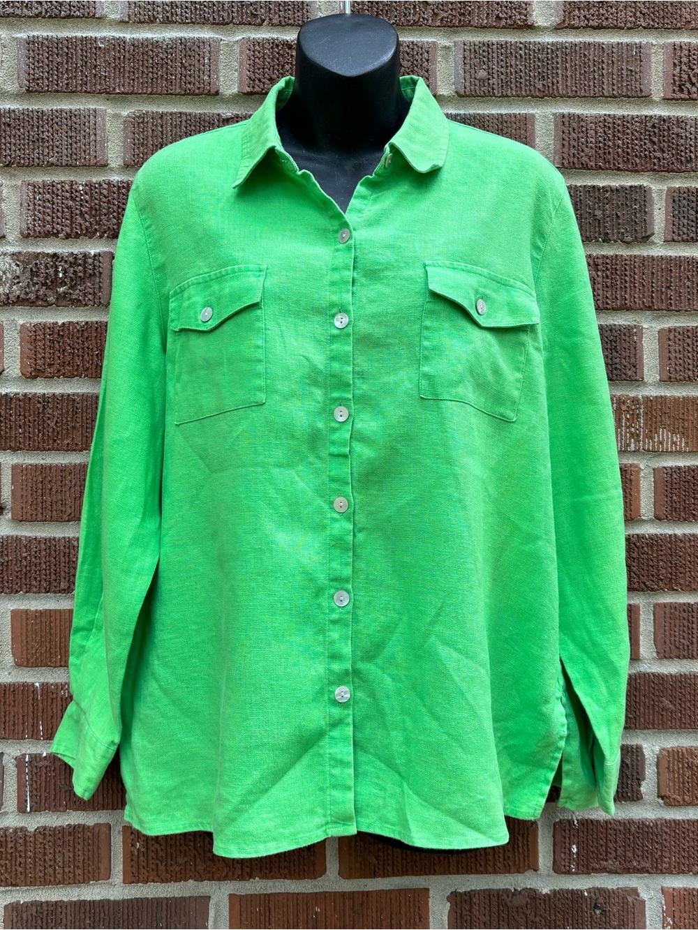 Studio Works Womens PL 100% Linen Button Up Top Lime Green Preppy Beach Costal